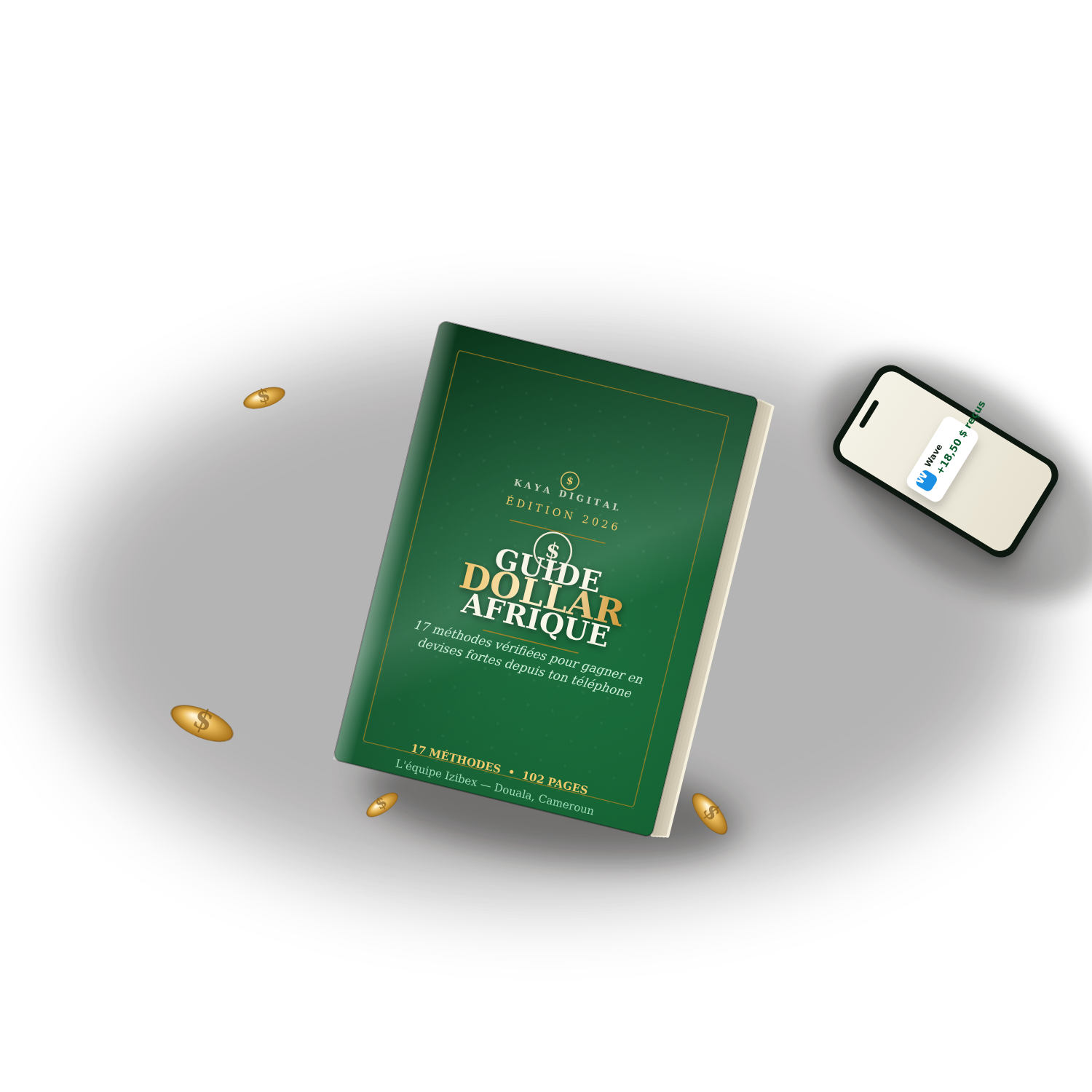 Guide Dollar Afrique posé avec téléphone et notification de paiement Wave — tout ce qui est inclus